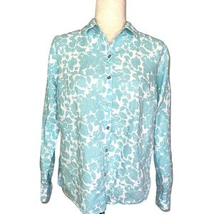 Charter Club Floral Collard Linen button up adjustable sleeve blouse top XS